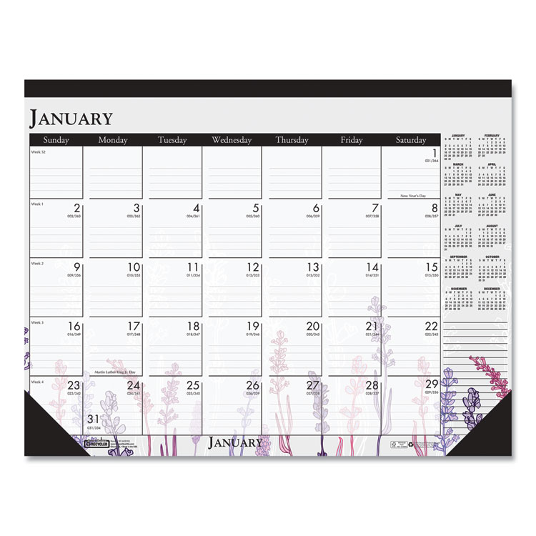 Recycled Desk Pad Calendar, Wild Flowers Artwork, 18.5 x 13, White Sheets, Black Binding/Corners,12-Month (Jan-Dec): 2026