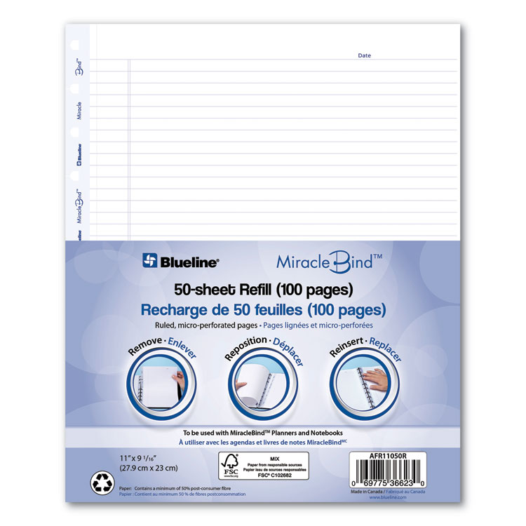 Ruled Paper Refill Sheets for all MiracleBind Notebooks and Planners, 11 x 9.06, White/Blue Sheets, Undated, 50/Pack