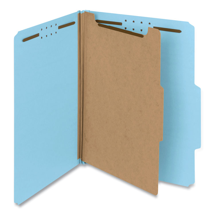 Recycled Pressboard Classification Folders, 2/5-Cut Tab, Expands 2", 1 Divider, 4 Fasteners, Letter Size, Blue, 10/Box