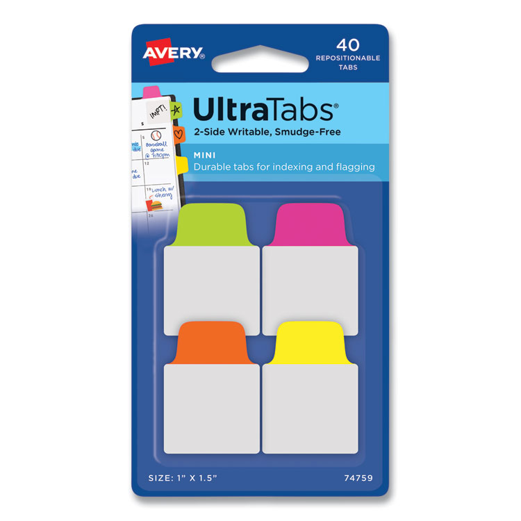 AVE74760, Avery® 74760 Ultra Tabs Repositionable Tabs, Mini Tabs: 1 x  1.5, 1/5-Cut, Assorted Colors, 40/Pack