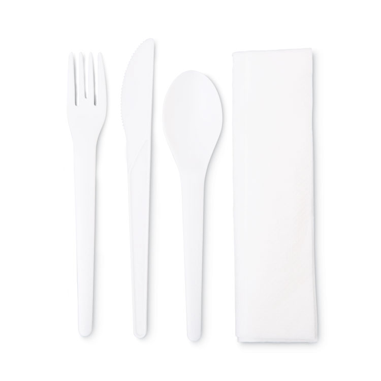 Basic Nature White CPLA Plastic Cutlery Set - White Napkin, Heat-Resistant, Compostable - 8 3/4 inch x 2 3/4 inch x 3/4 inch - 100 Count Box