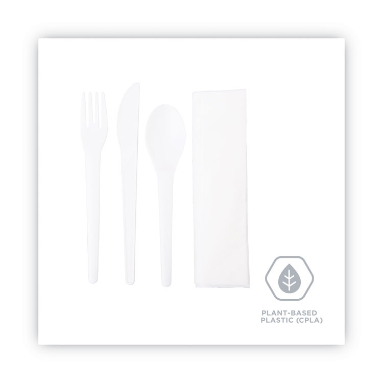 Basic Nature White CPLA Plastic Cutlery Set - White Napkin, Heat-Resistant, Compostable - 8 3/4 inch x 2 3/4 inch x 3/4 inch - 100 Count Box