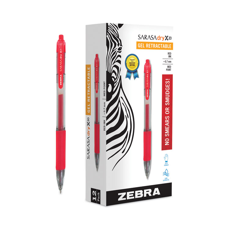 ZEB46830, Zebra® 46830 Sarasa Dry Gel X20 Gel Pen, Retractable, Medium 0.7  mm, Red Ink, Translucent Red Barrel, 12/Pack