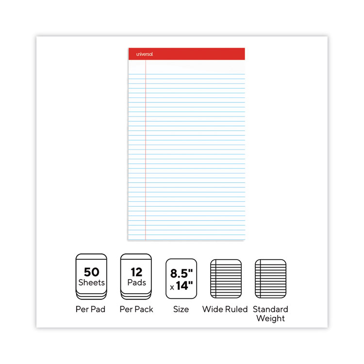 UNV45000, Universal® 45000 Perforated Ruled Writing Pads, Wide/Legal Rule,  Red Headband, 50 White 8.5 x 14 Sheets, Dozen