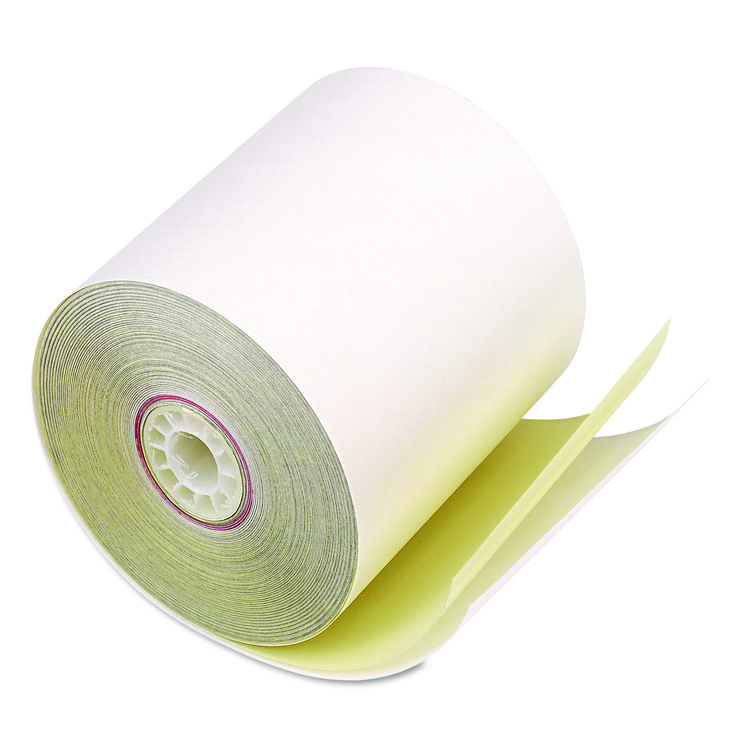 Impact Printing Carbonless Paper Rolls with End of Roll Indicator, 3" x 90 ft, White/Canary, 50/Carton