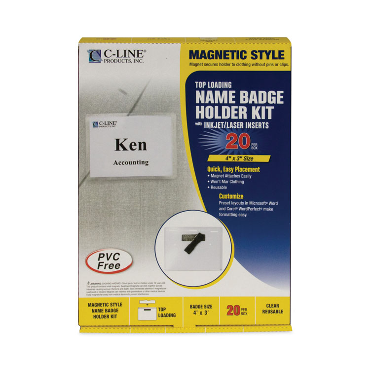 CLI92943, C-Line® 92943 Magnetic Name Badge Holder Kit, Horizontal, 4w x  3h, Clear, 20/Box