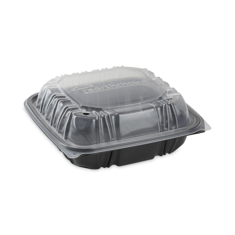 EarthChoice Vented Dual Color Microwavable Hinged Lid Container, 38 oz, 8.5 x 8.6 x 3.1, Black/Clear, Plastic, 150/Carton