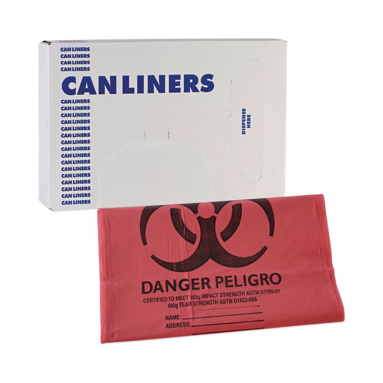 Linear Low Density Health Care Trash Can Liners, 45 gal, 1.3 mil, 40" x 46", Red, Flat Pack, 100/Carton