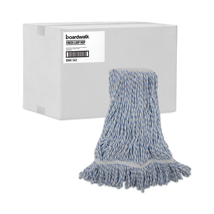 Floor Finish Mop Head, Narrow, Rayon/Polyester, Medium, White/Blue Stripes, 12/Carton