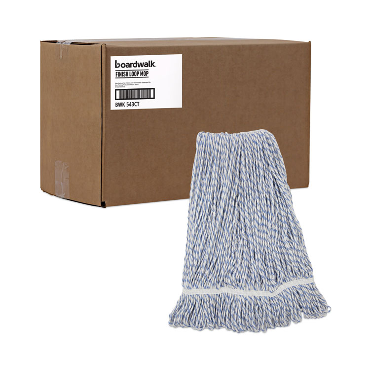 Floor Finish Mop Head, Narrow, Rayon/Polyester, Large, White/Blue Stripes, 12/Carton