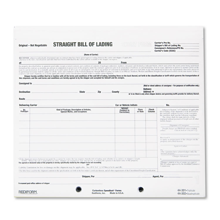 Picture of Bill of Lading Short Form, 7 x 8 1/2, Three-Part Carbonless, 250 Forms