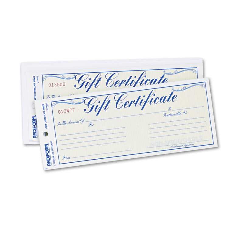 Picture of Gift Certificates w/Envelopes, 8-1/2w x 3-2/3h, Blue/Gold, 25/Pack
