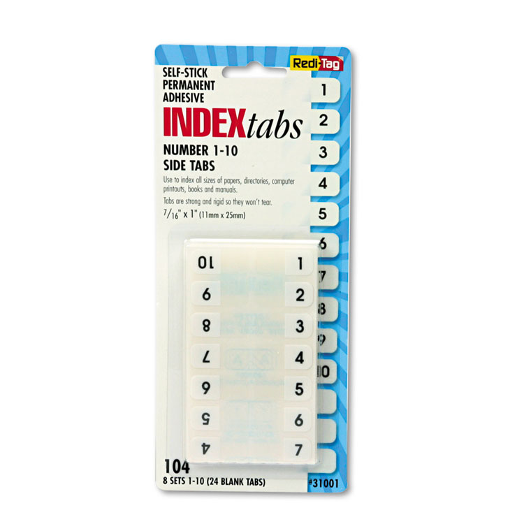 Picture of Redi-Tag® Side-Mount Self-Stick Plastic Index Tabs Nos 1-10, 1 inch, White, 104/Pack (RTG31001)
