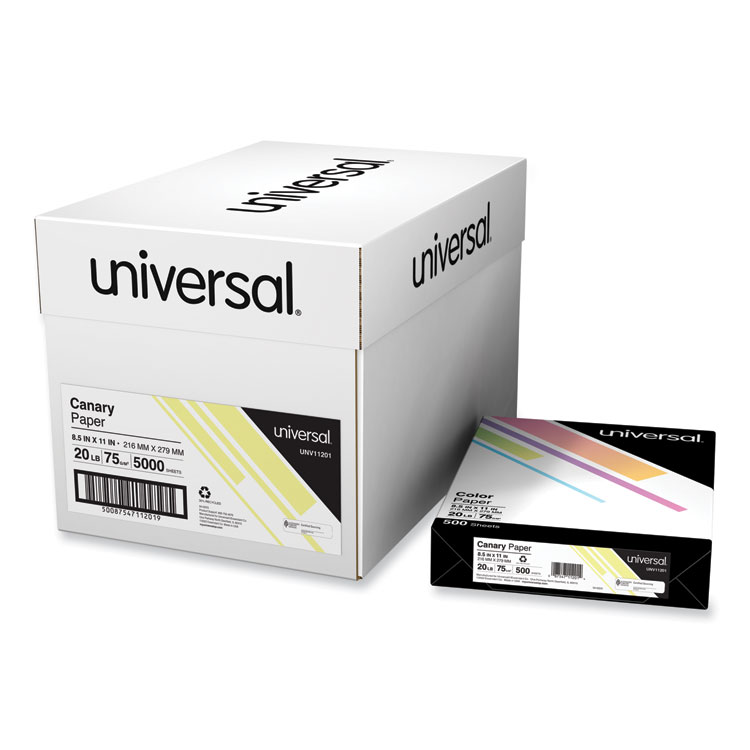 UNV11201, Universal® 11201 Deluxe Colored Paper, 20 lb Bond Weight, 8.5 x  11, Canary, 500/Ream