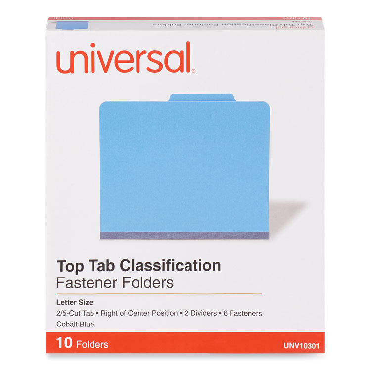 Pressboard Classification Folders, 2/5-Cut Tab, Expands 2", 2 Dividers, 6 Fasteners, Letter Size, Cobalt Blue, 10/Box
