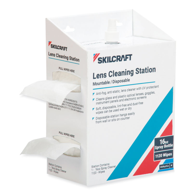 654000NIB0079, SKILCRAFT Lens Cleaning Station, 16 oz Pump Bottle, 1,120 Wipes/Box