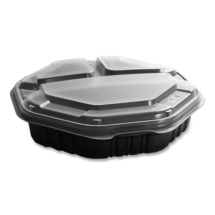 OctaView Hinged-Lid Hot Food Containers, 3 Compartments, 38 oz, 9.55 x 9.1 x 2.4, Black/Clear, Plastic, 100/Carton