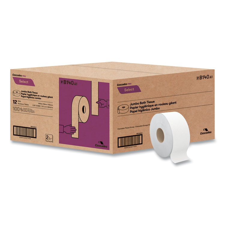 Select Jumbo Bath Tissue, Septic Safe, 2 Ply, 3.3" x 1,000 ft, White, 12 Rolls/Carton