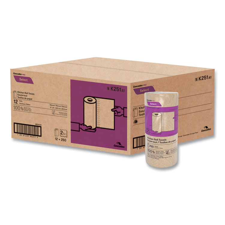 Select Kitchen Roll Towels, 2-Ply, 11" X 166.6 Ft, Natural, 250/roll, 12/carton