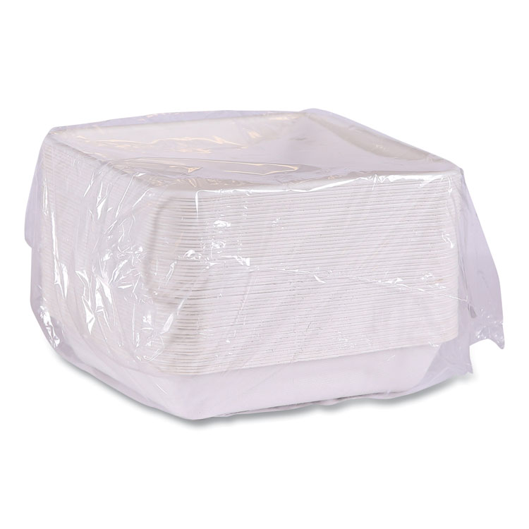 Vanguard Worldview Renewable and Compostable Sugarcane Take-Out Containers, 47 oz, 9 x 9 x 1.5, White, 200/Carton