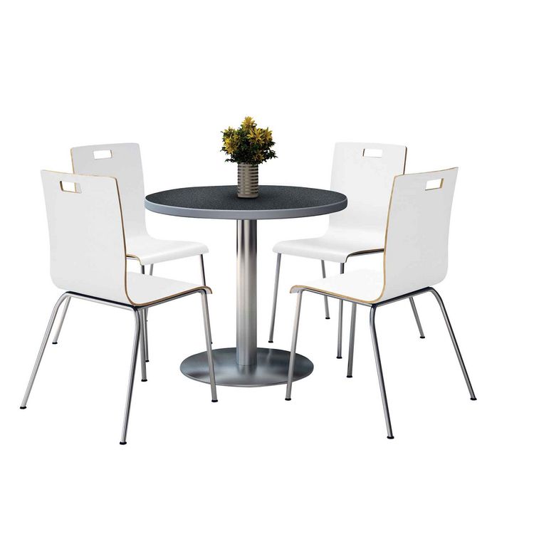 KFI Studios Pedestal Table with Four White Jive Series Chairs, Round, 36 Dia x 29h, Graphite Nebula