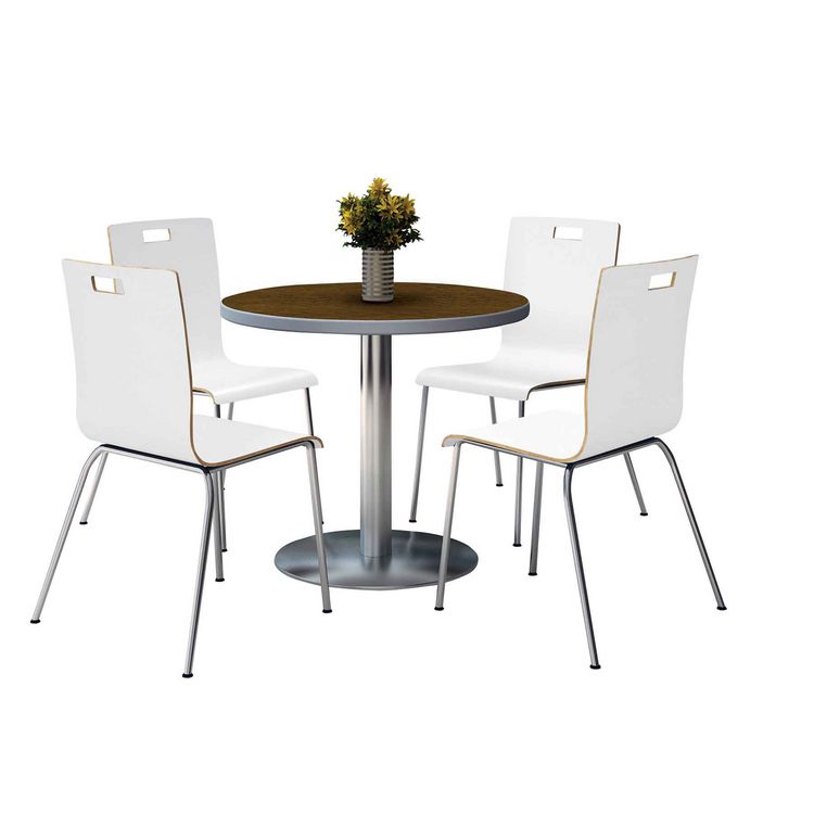 KFI Studios Pedestal Table with Four White Jive Series Chairs, Round, 36 Dia x 29h, Walnut