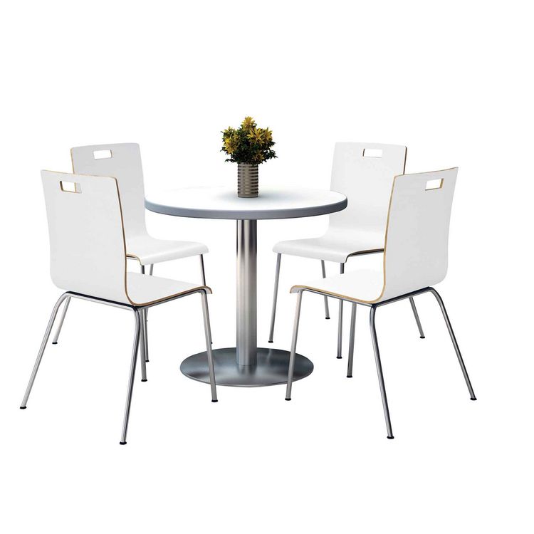 KFI Studios Pedestal Table with Four White Jive Series Chairs, Round, 36 Dia x 29h, Crisp Linen