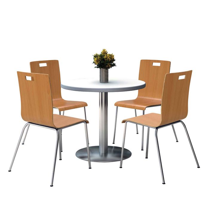 KFI Studios Pedestal Table with Four Natural Jive Series Chairs, Round, 36 Dia x 29h, Crisp Linen