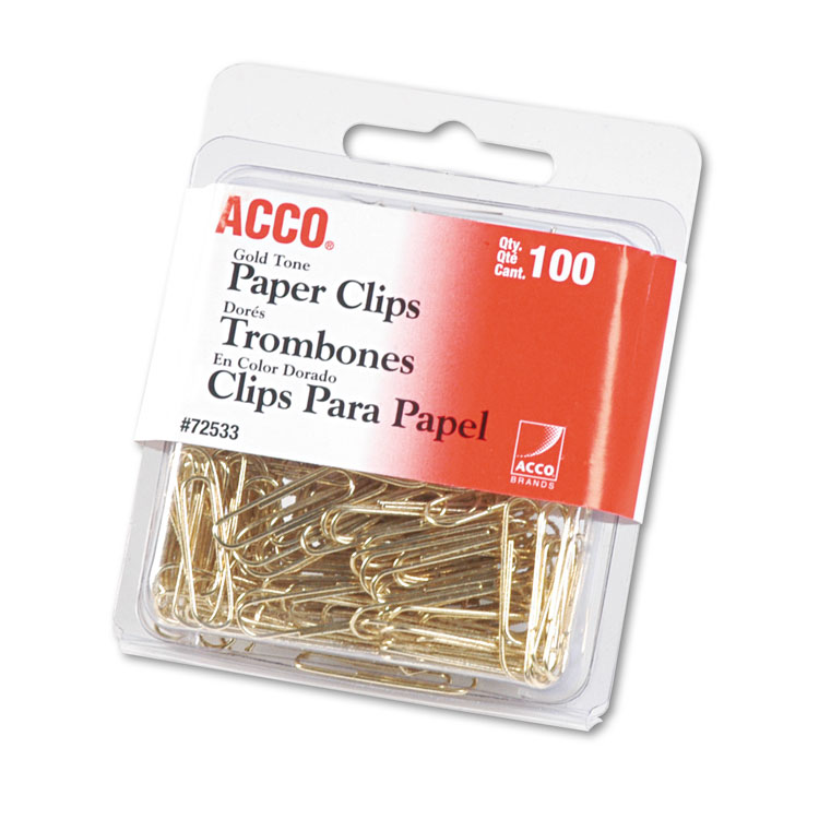 Picture of Paper Clips, Metal Wire, #2, 1 1/8", Gold Tone, 100/Box
