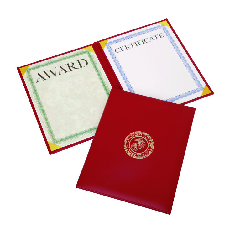 7510017146629, SKILCRAFT Awards Certificate Padded Cover Binder, USMC Seal, 9.12 x 11.62, Red/Gold