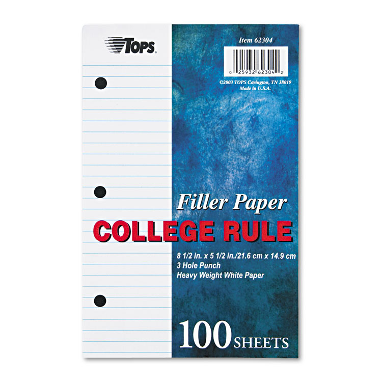 Picture of Filler Paper, 3H, 20 lb, 5 1/2 x 8 1/2, College Rule, White, 100 Sheets/Pack