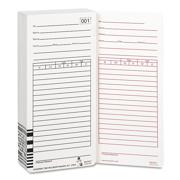 Picture of Time Card for Es1000 Electronic Totalizing Payroll Recorder, 100/Pack