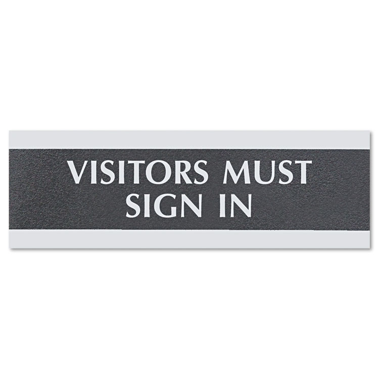 Picture of Century Series Office Sign, VISITORS MUST SIGN IN, 9 x 3, Black/Silver