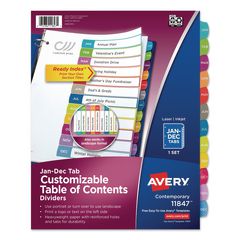 Customizable TOC Ready Index Multicolor Tab Dividers, 12-Tab, Jan. to Dec., 11 x 8.5, White, Contemporary Color Tabs, 1 Set