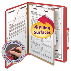 Pressboard Top Tab Classification Folders, Expands 2", 1 Divider, 4 SafeSHIELD Fasteners, Letter Size, Bright Red, 10/Box