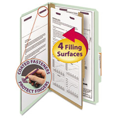 Pressboard Classification Folders, 2/5-Cut Tab, Expands 2", 1 Divider, 4 SafeSHIELD Fasteners, Legal Size, Gray-Green, 10/Box