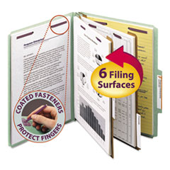 Pressboard Classification Folders, 2/5 Tab, Expands 2", 2 Dividers, 6 SafeSHIELD Fasteners, Letter Size, Gray-Green, 10/Box
