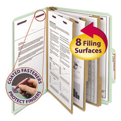 Pressboard Classification Folders, 2/5 Tab, Expands 3", 3 Dividers, 8 SafeSHIELD Fasteners, Letter Size, Gray-Green, 10/Box