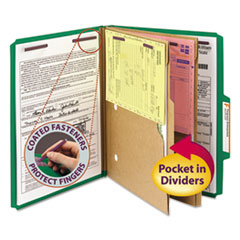 Pressboard Top Tab Pocket Classification Folders, Expands 2", 2 Dividers, 6 SafeSHIELD Fasteners, Letter Size, Green, 10/Box