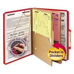 Pressboard Top Tab Pocket Classification Folder, Expand 2", 2 Divider, 6 SafeSHIELD Fastener, Letter Size, Bright Red, 10/Box