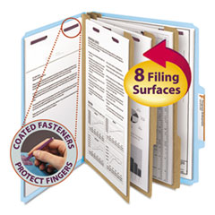 Pressboard Top Tab Classification Folders, 2/5 Tab, Expands 3", 3 Dividers, 8 SafeSHIELD Fasteners, Letter Size, Blue, 10/Box