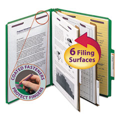 Pressboard Top Tab Classification Folders, Expands 2", 2 Dividers, 6 SafeSHIELD Fasteners, Letter Size, Green, 10/Box