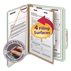Pressboard Classification Folders, 2/5-Cut Tab, Expands 2", 1 Divider, 4 SafeSHIELD Fasteners, Letter Size, Gray-Green, 10/BX