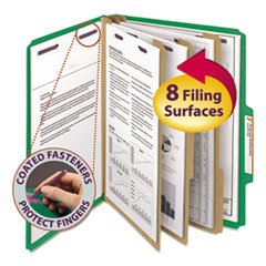 Pressboard Top Tab Classification Folders, 2/5 Tab, Expands 3", 3 Dividers, 8 SafeSHIELD Fasteners, Letter Size, Green, 10/BX