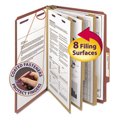 Pressboard Classification Folders, 2/5-Cut Tab, Expands 3", 3 Dividers, 8 SafeSHIELD Fasteners, Legal Size, Red, 10/Box
