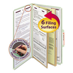 Pressboard Classification Folders, 2/5 Tab, Expands 2", 2 Dividers, 6 SafeSHIELD Fasteners, Legal Size, Gray-Green, 10/Box
