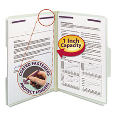 Recycled Pressboard Fastener Folders, 1/3 Tab: Assorted, Expands 1", 2 SafeSHIELD Fasteners, Letter Size, Gray-Green, 25/Box