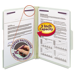 Recycled Pressboard Fastener Folders, 1/3 Tab: Assorted, Expands 3", 2 SafeSHIELD Fasteners, Letter Size, Gray-Green, 25/Box