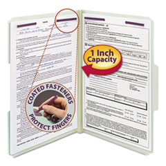Recycled Pressboard Fastener Folders, 1/3 Tab: Assorted, Expands 1", 2 SafeSHIELD Fasteners, Legal Size, Gray-Green, 25/Box