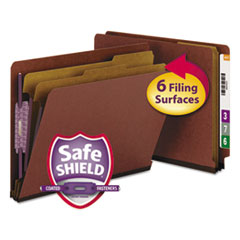 End Tab Pressboard Classification Folders, Expands 2", 2 Dividers, 6 SafeSHIELD Fasteners, Letter Size, Red, 10/Box